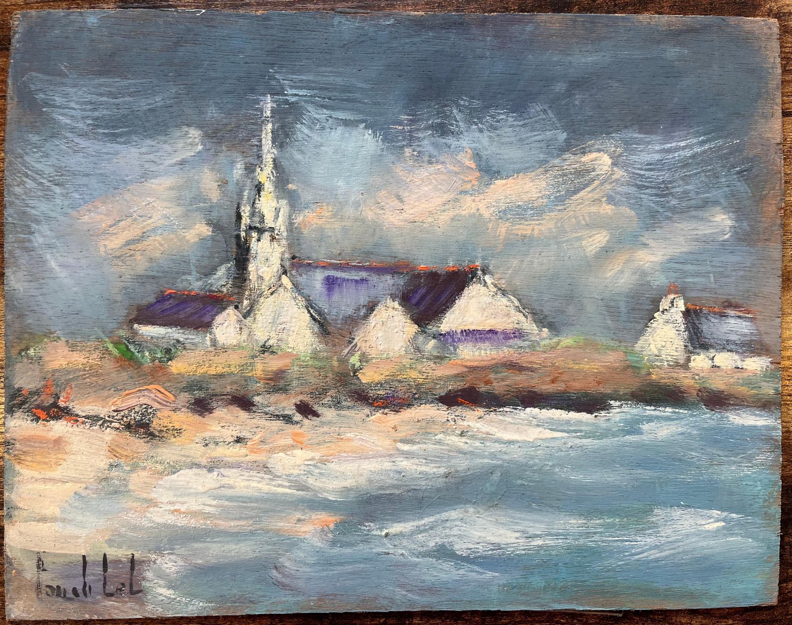 Fanch Lelfrench Impressionist Oil Painting Of Coastal Village Church At Dusk photo furniture