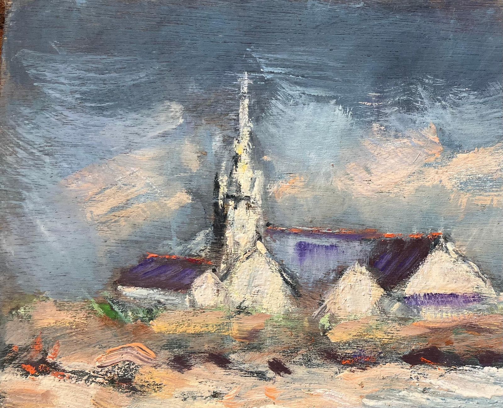 Fanch Lelfrench Impressionist Oil Painting Of Coastal Village Church At Dusk photo for sale