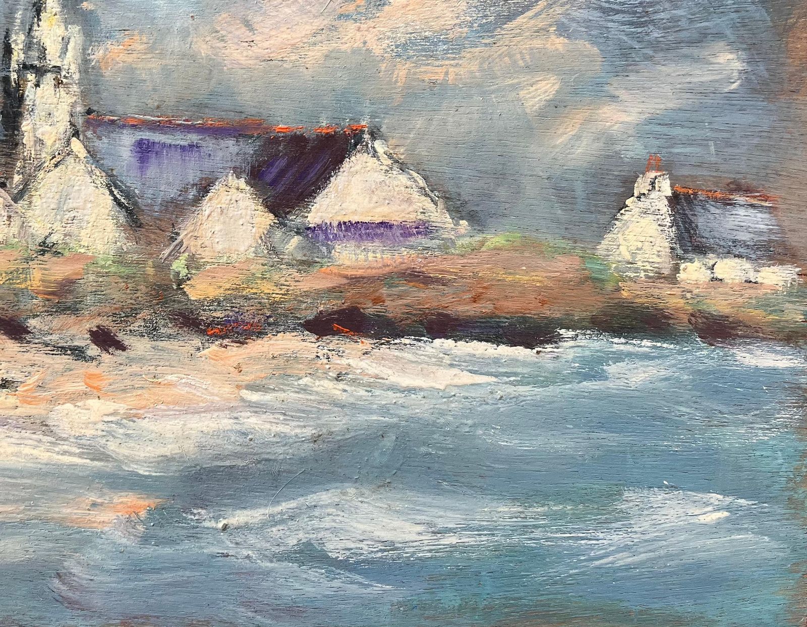 Fanch Lelfrench Impressionist Oil Painting Of Coastal Village Church At Dusk photo vinterior