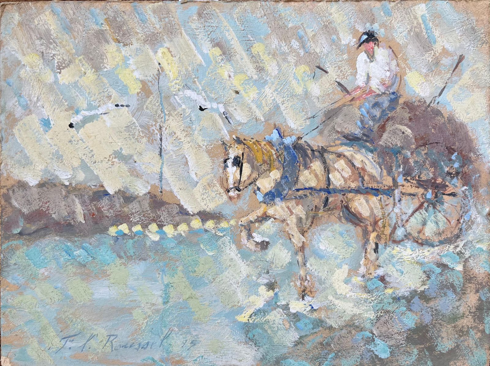 F.T Rousselimpressionist Oil Painting Of A Horse Drawn Cart With Driver1995