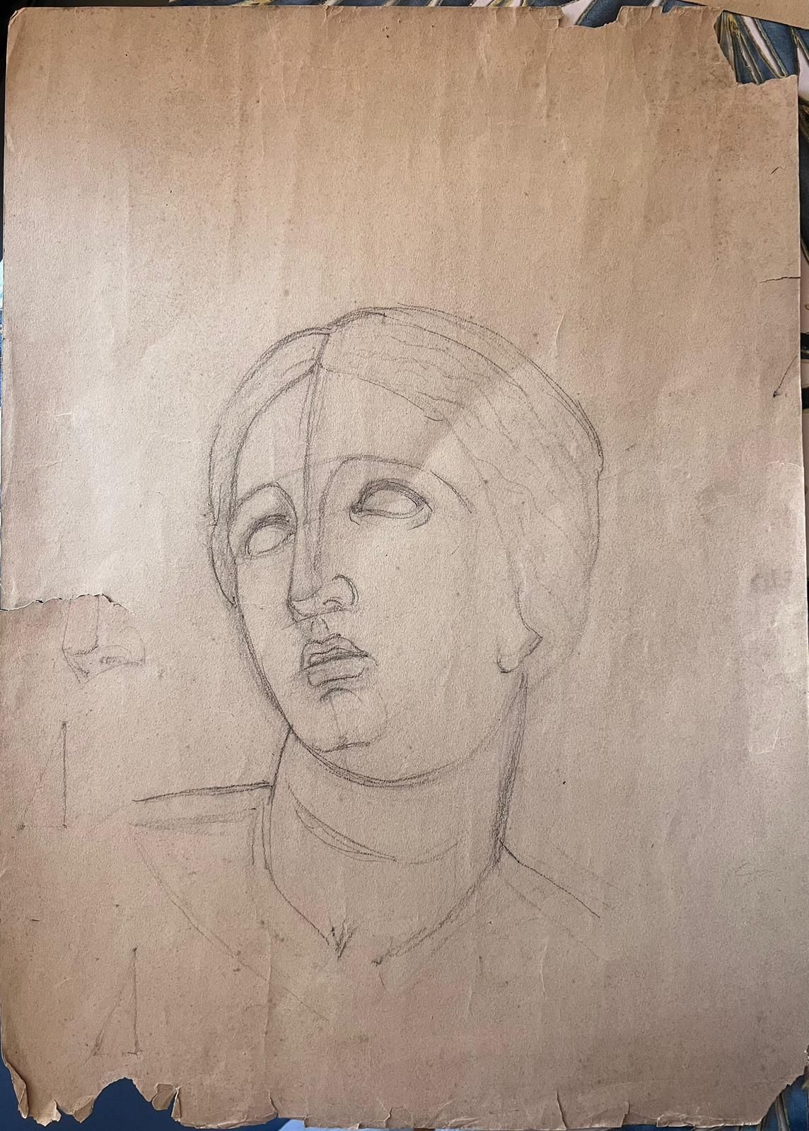 French Schoolantique Pencil Study Of A Classical Female Bust Portrait19th Century photo furniture