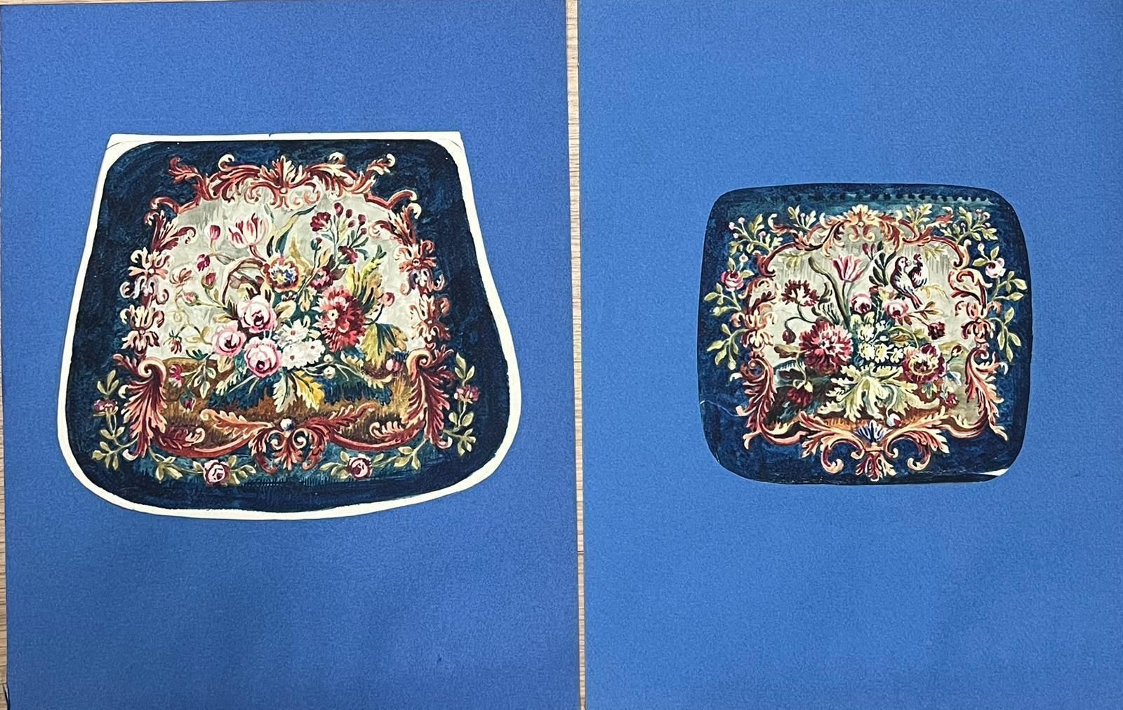 French Schoolrococo Inspired Pair Of Watercolor Paintings With Elaborate Floral Arrangementsearly 19th Century