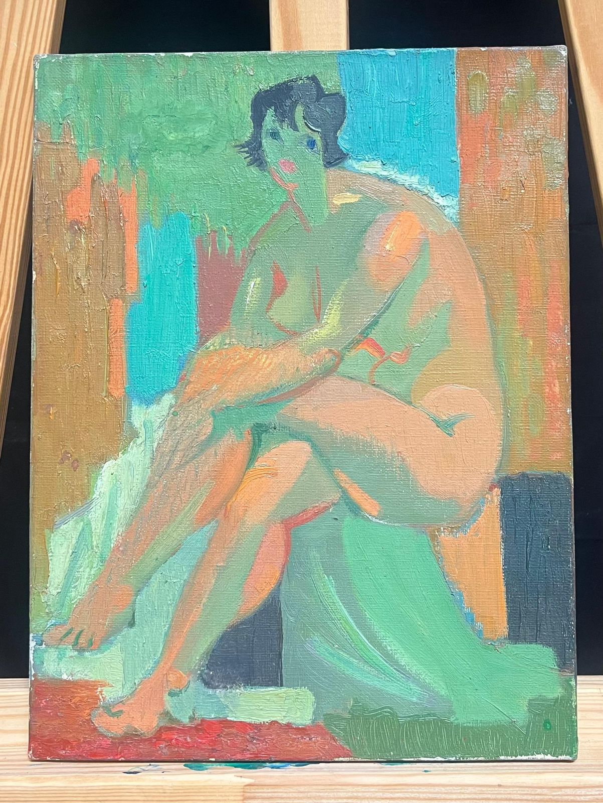 Therese Hummelmid 20th Century French Oil Painting Cubist Portrait Of Nude Lady1950 photo furniture