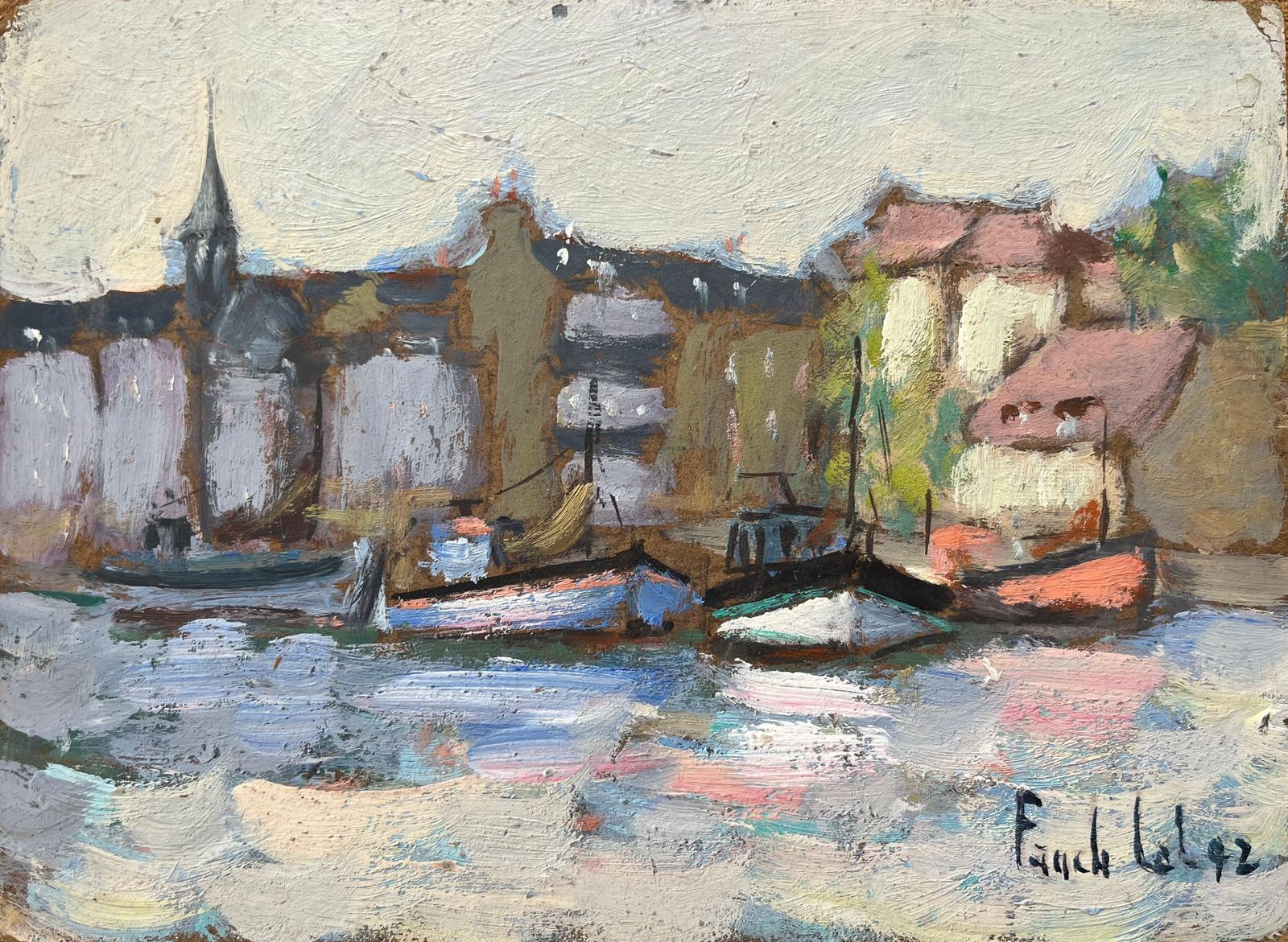 Fanch Lelfrench Impressionist Oil Painting Of Honfleur Harbor Scene1992