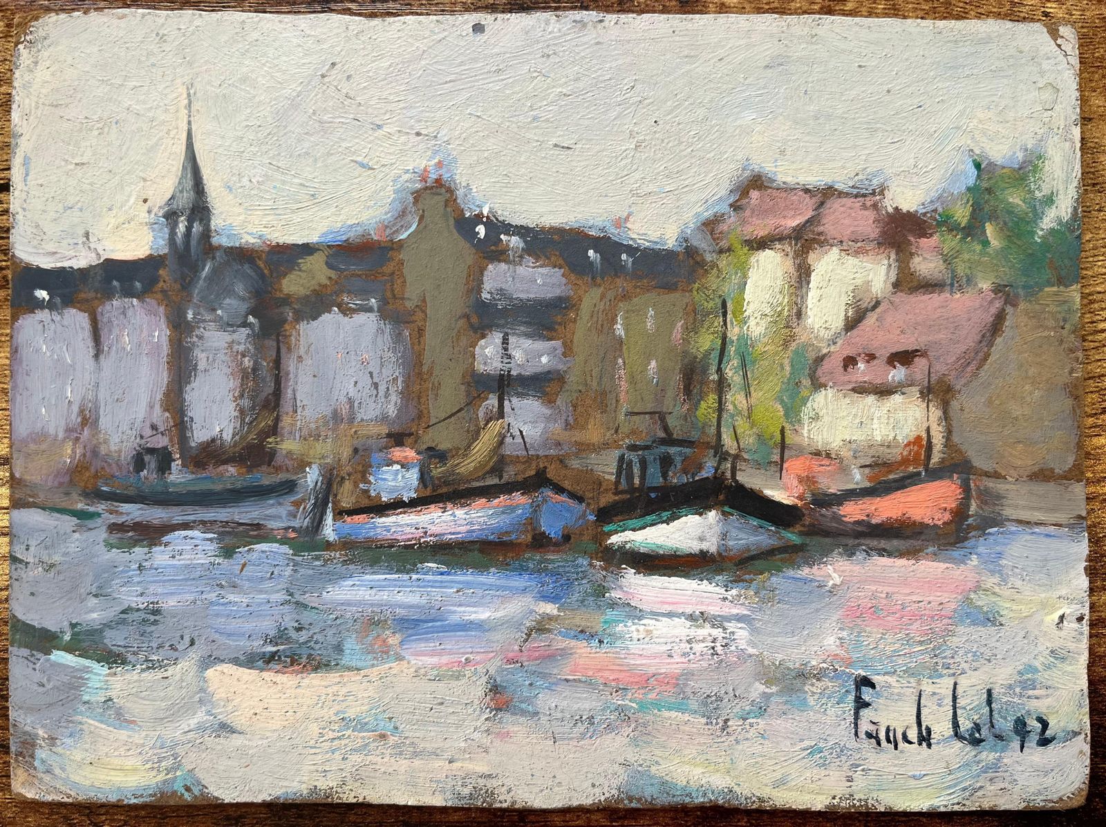 Fanch Lelfrench Impressionist Oil Painting Of Honfleur Harbor Scene1992 photo furniture