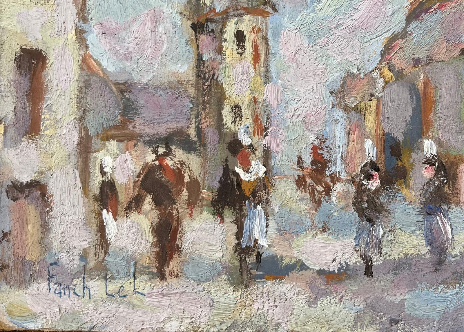 Fanch Lelfrench Impressionist Oil Painting Of Village Street Scene With Figures1997 photo furniture