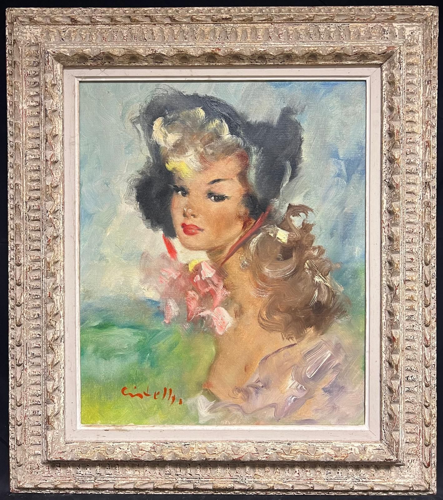 French Mid 20th1950's French Oil Elegant Portrait Of A Woman With Floral Accents In Bonnetmid 20th Century