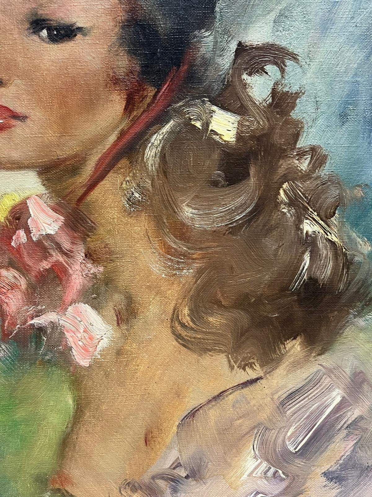 French Mid 20th1950's French Oil Elegant Portrait Of A Woman With Floral Accents In Bonnetmid 20th Century photo vintage