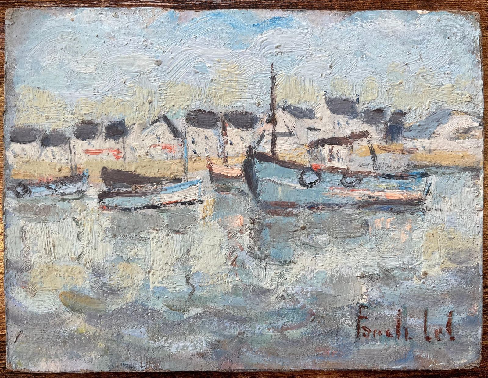 Fanch Lelfrench Impressionist Oil Painting Of Fishing Boats In La Trinité Harbor1992 photo furniture