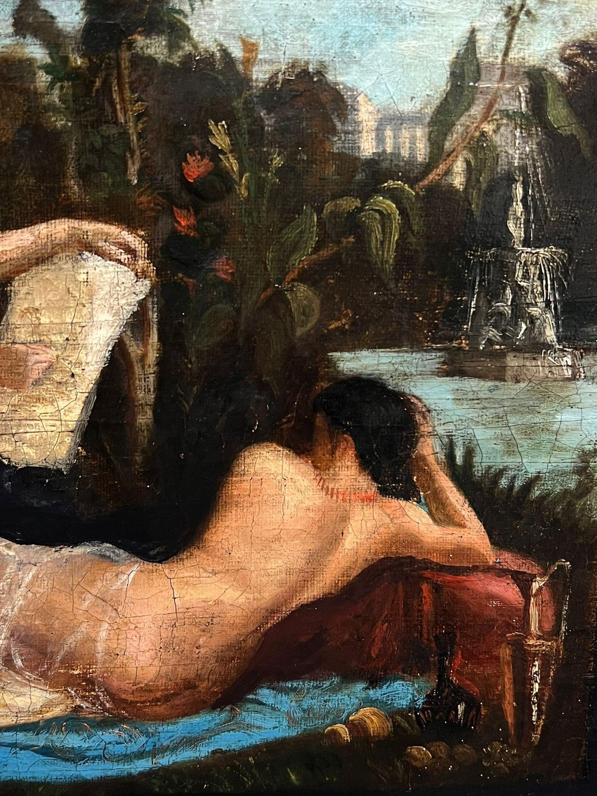 French School18th Century French Oil Artist Painting Nude Model Classical Garden Scene18th Century photo for sale