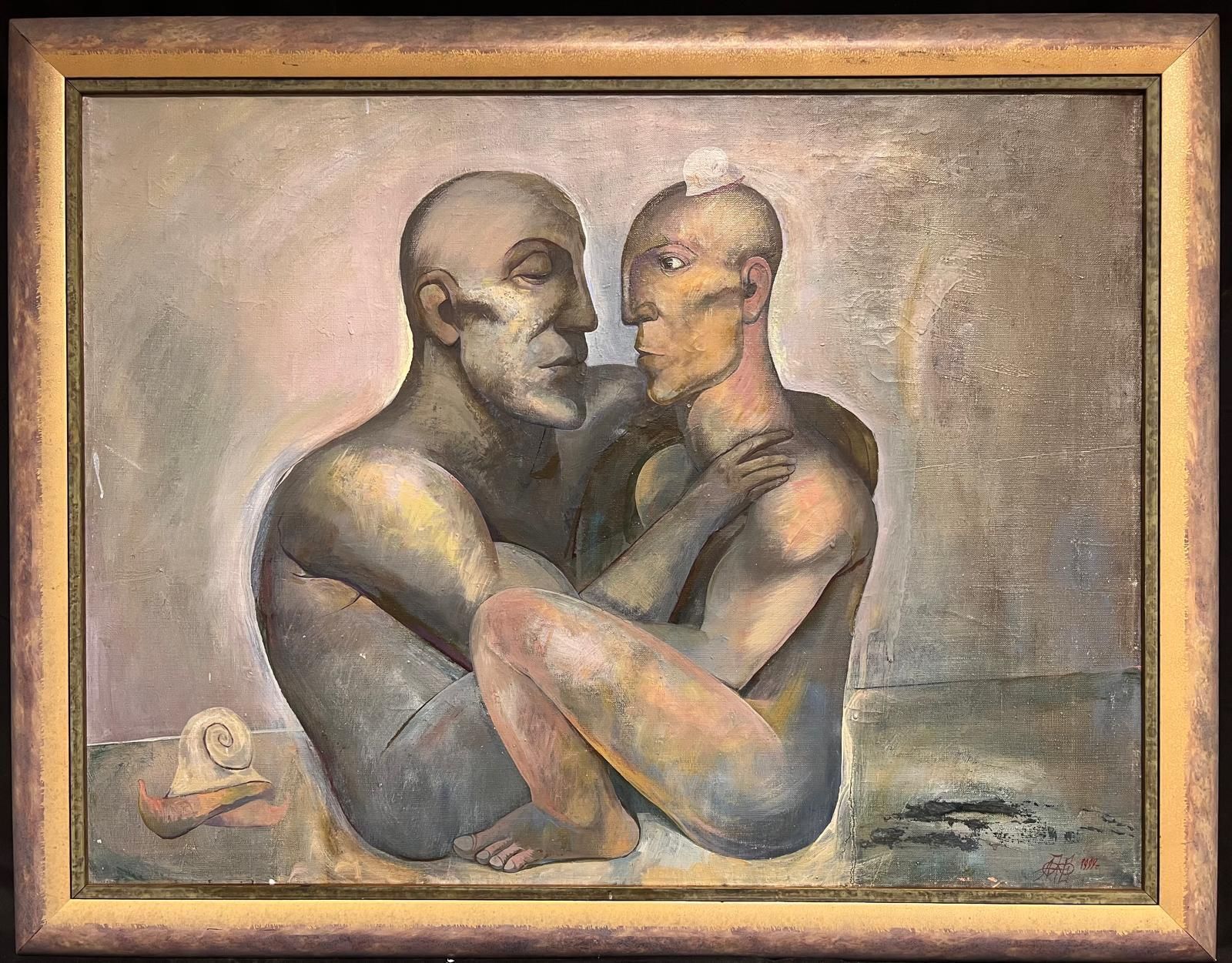 Russian Schoolrussian Modernist 20th Century Oil Painting Male Nudes In Embrace Abstractmid 20th Century photo furniture