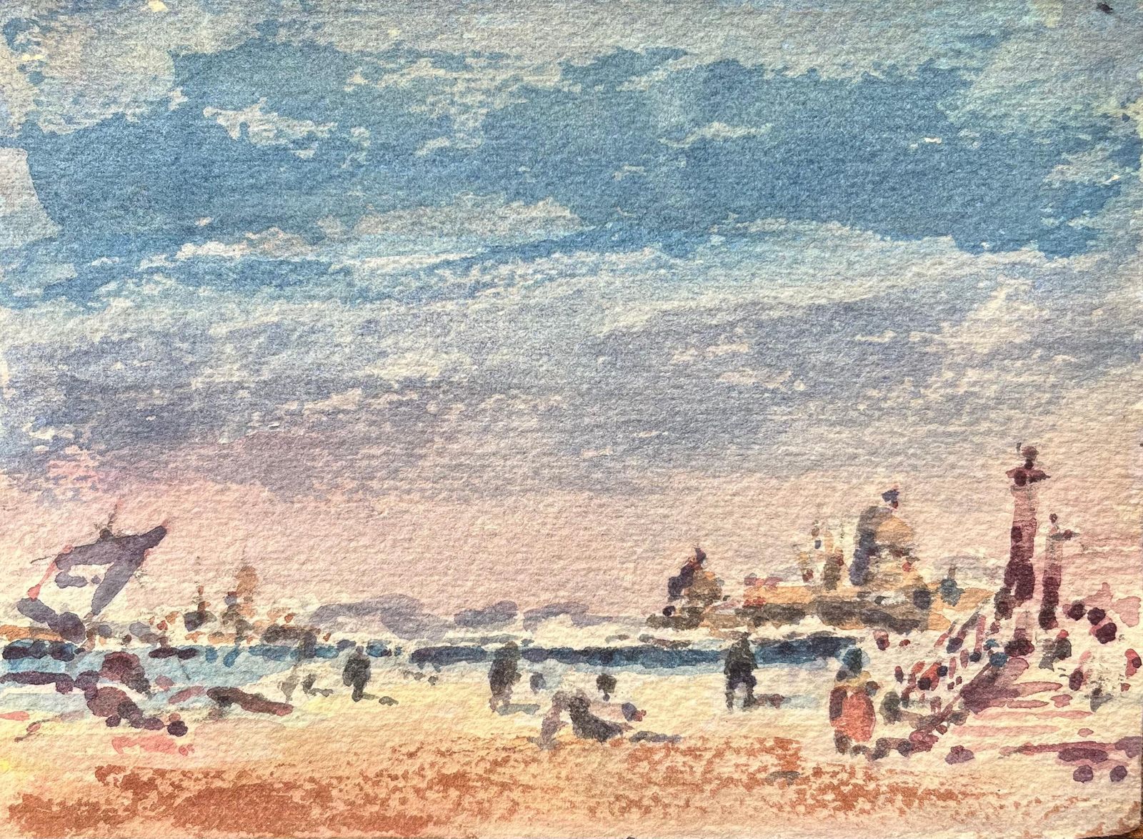 Maurice Mazeiliefrench Impressionist Watercolor Of Beachfront With Figures And Pier
