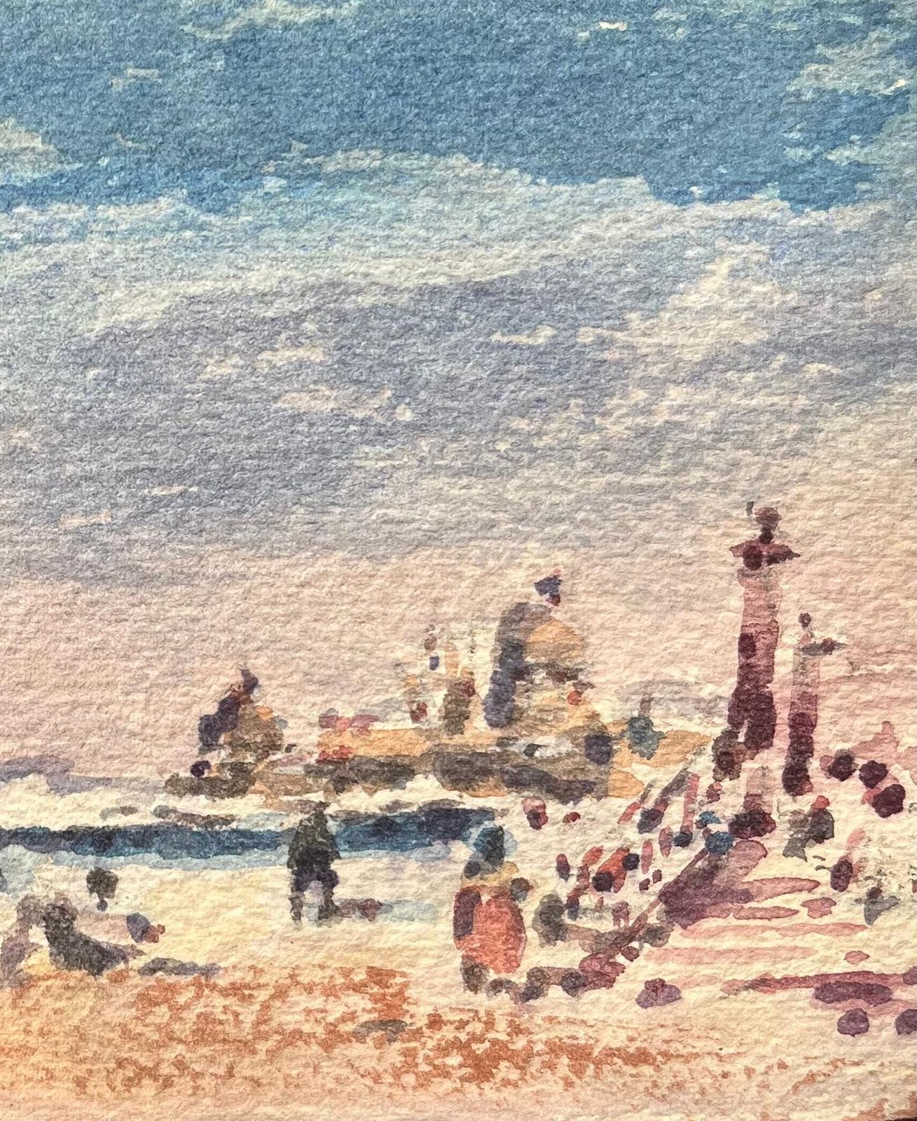 Maurice Mazeiliefrench Impressionist Watercolor Of Beachfront With Figures And Pier photo for sale