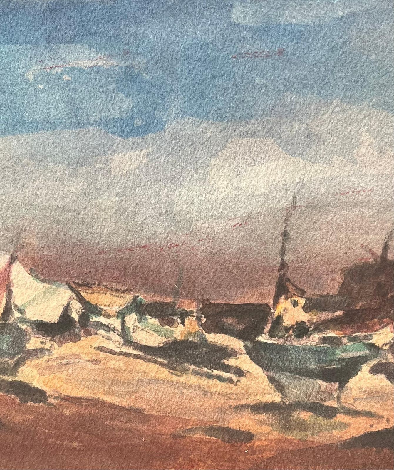 Maurice Mazeiliefrench Impressionist Watercolor Of Fishing Boats On A Sandy Shore photo Art