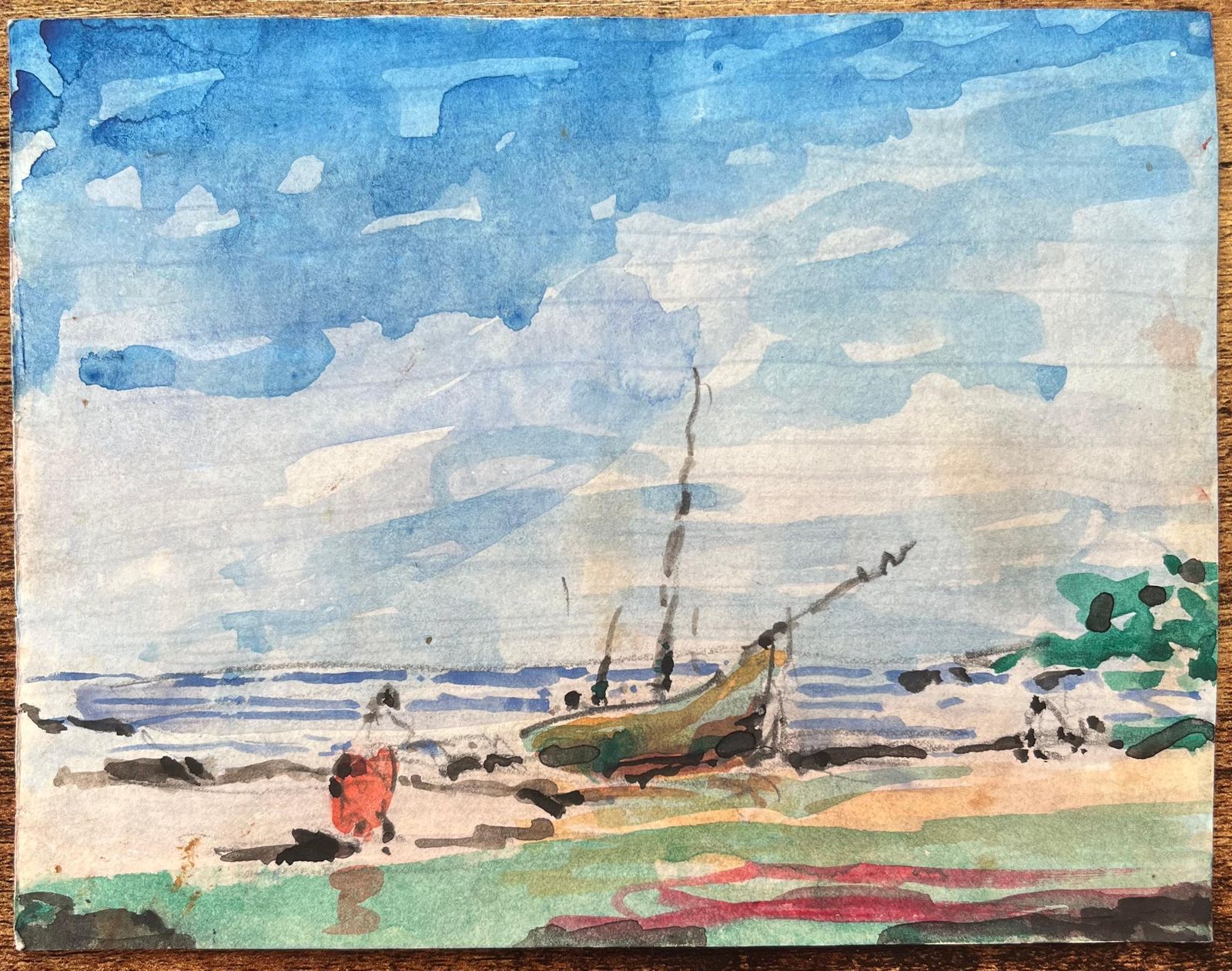 Maurice Mazeiliefrench Impressionist Watercolor Of Beach Scene With Lone Boat photo furniture