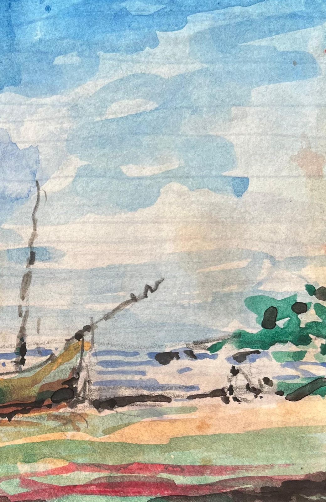 Maurice Mazeiliefrench Impressionist Watercolor Of Beach Scene With Lone Boat photo for sale