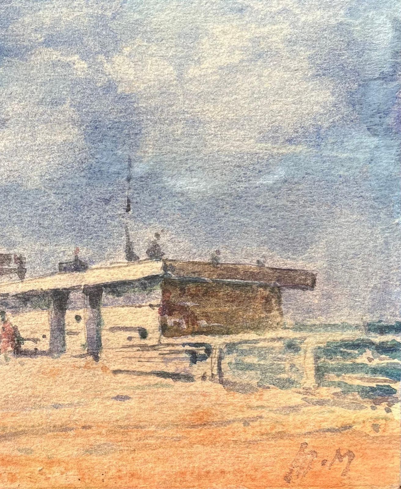 Maurice Mazeiliefrench Impressionist Watercolor Of A Pier With Figures On A Sunny Day photo for sale