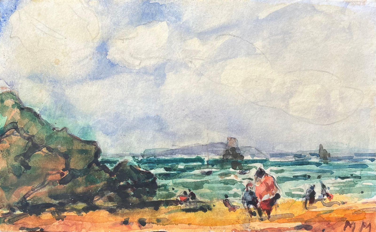 Maurice Mazeiliefrench Impressionist Watercolor Of A Coastal Scene With Rocky Shoreline