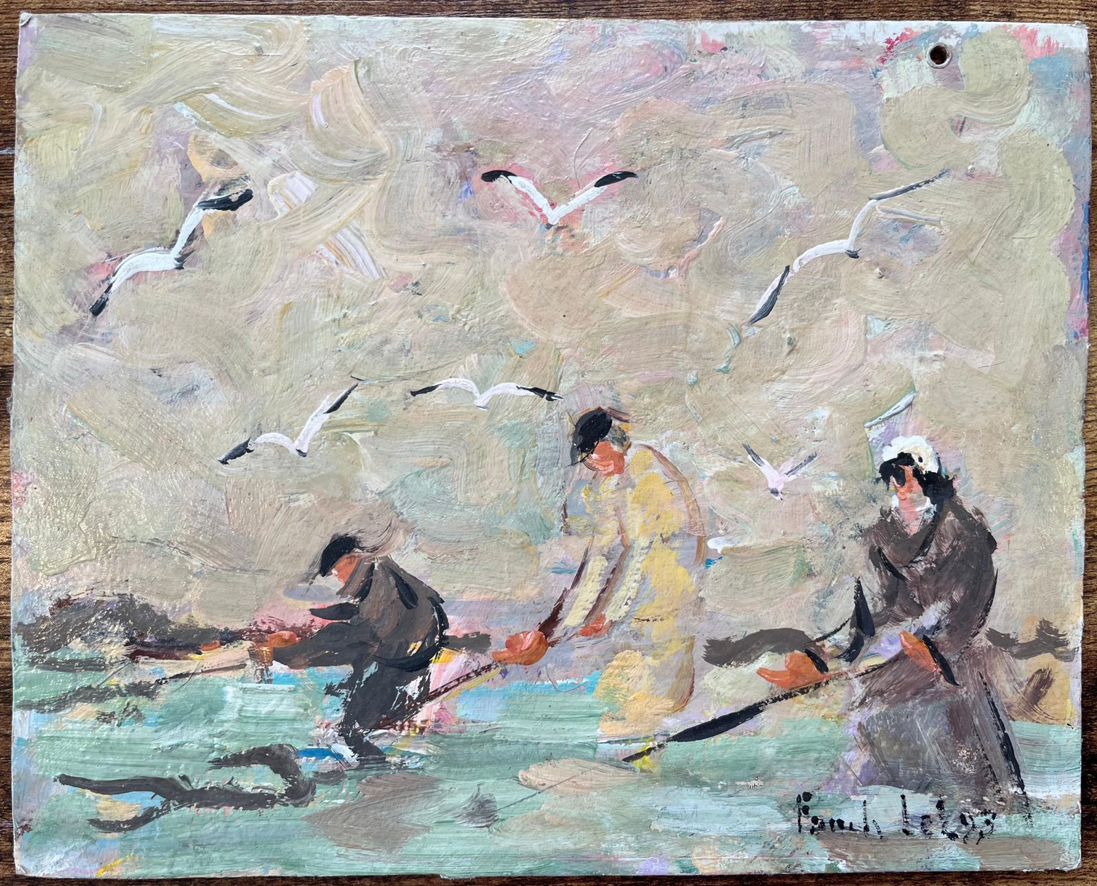Fanch Lelfrench Impressionist Oil Painting Of Seaside Harvesters With Gulls In Flight1993 photo furniture