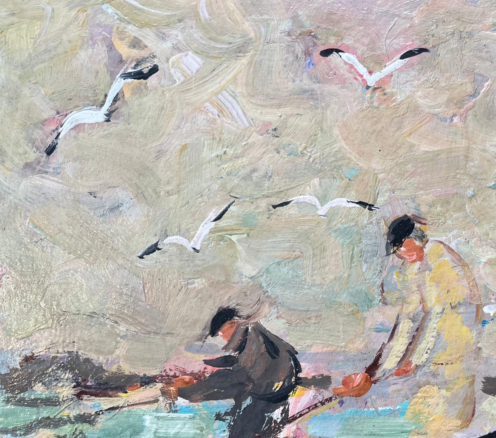 Fanch Lelfrench Impressionist Oil Painting Of Seaside Harvesters With Gulls In Flight1993 photo 484.0