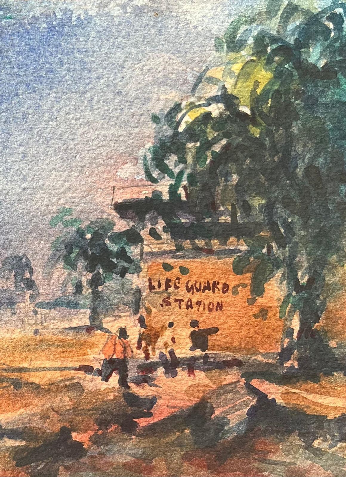 Maurice Mazeiliefrench Impressionist Watercolor Of Lifeguard Station Beach Scene photo for sale
