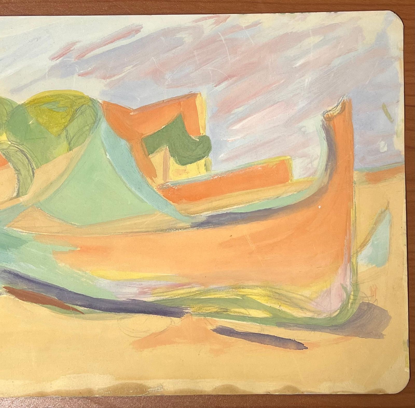 Suzanne Vattierfrench Abstract Coastal Boat Composition With Pastel Tones And Fluid Forms1970's photo for sale