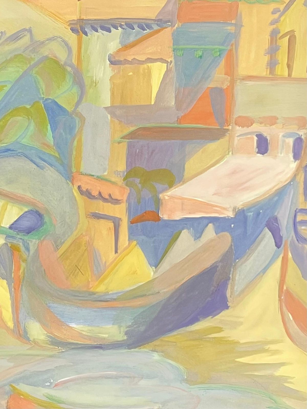 Suzanne Vattiercolorful Abstract Mediterranean Scene With Vibrant Architecture And Boat1970's photo for sale