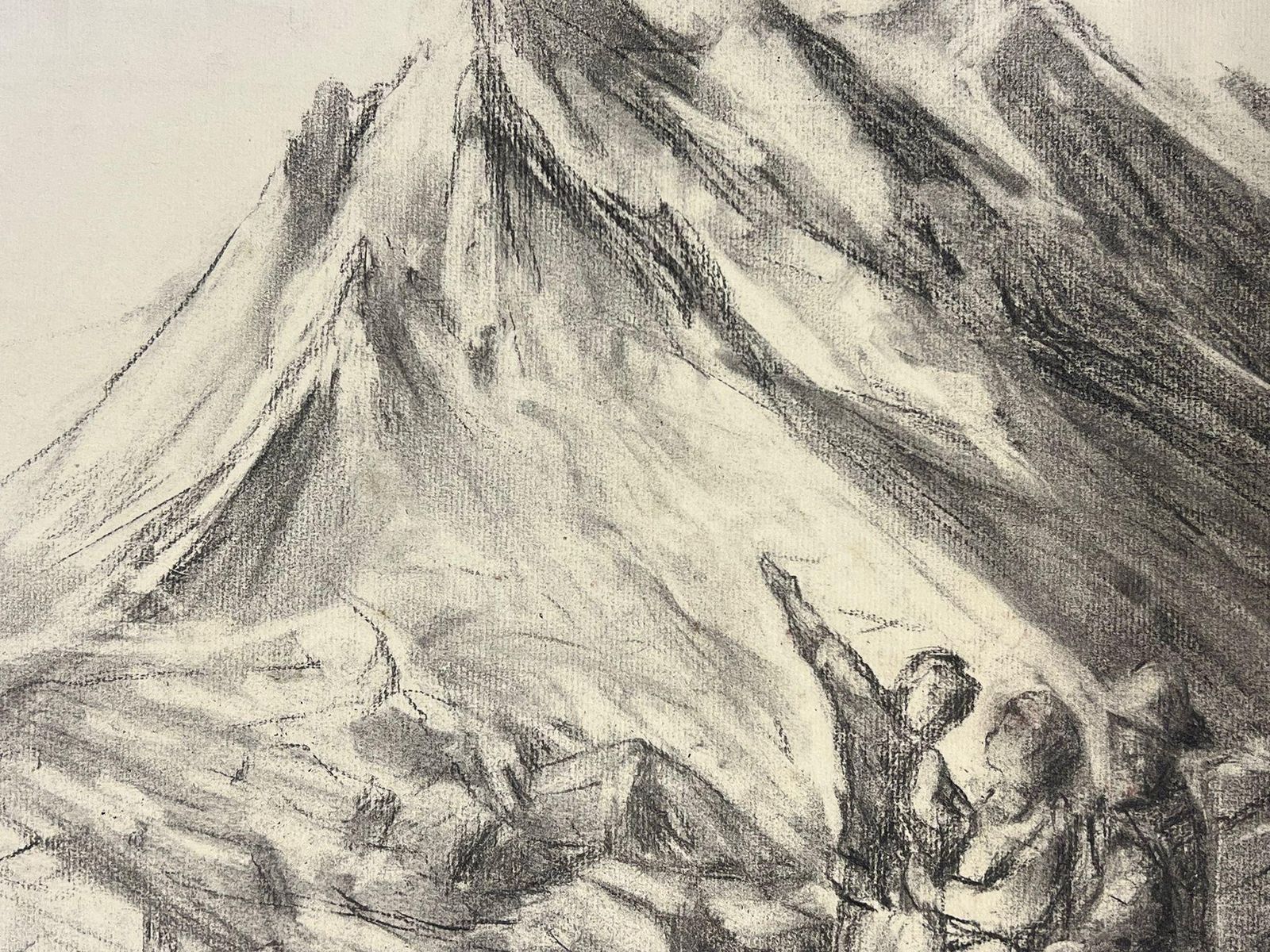 French Schoolexplorers In The Mountains Evocative Charcoal Sketch Depicting An Alpine Scenemid 20th Century photo Art