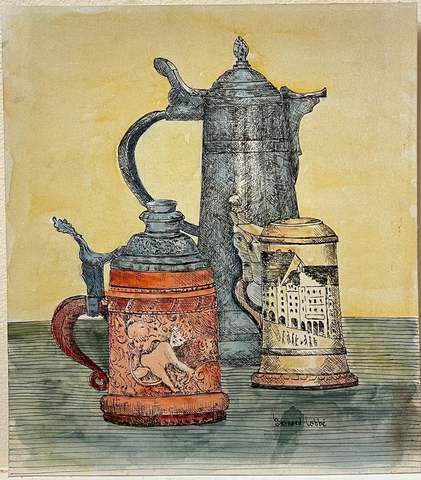 Bernard Labbe1950's Detailed Watercolor Still Life Featuring Ornate Tankards Painting1950's photo furniture