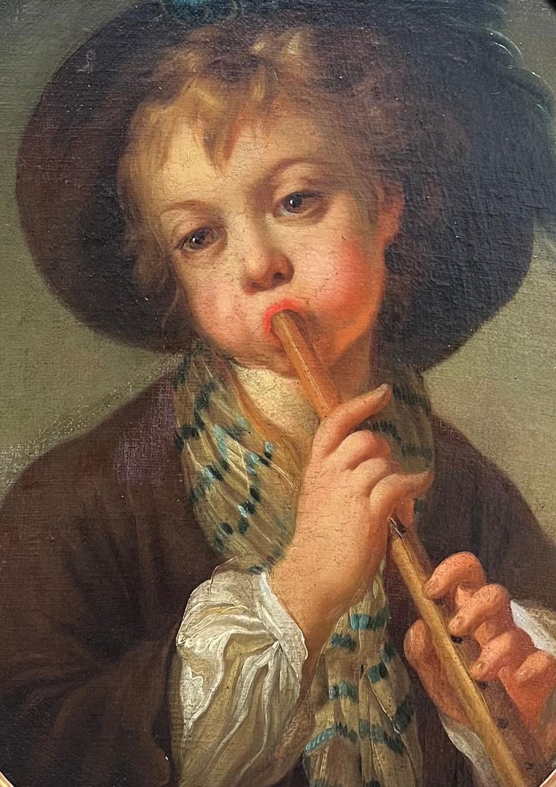 French Schoolfrench Rococo 18th Century Portrait Young Boy Playing A Flute Oval Oil Painting18th photo for sale