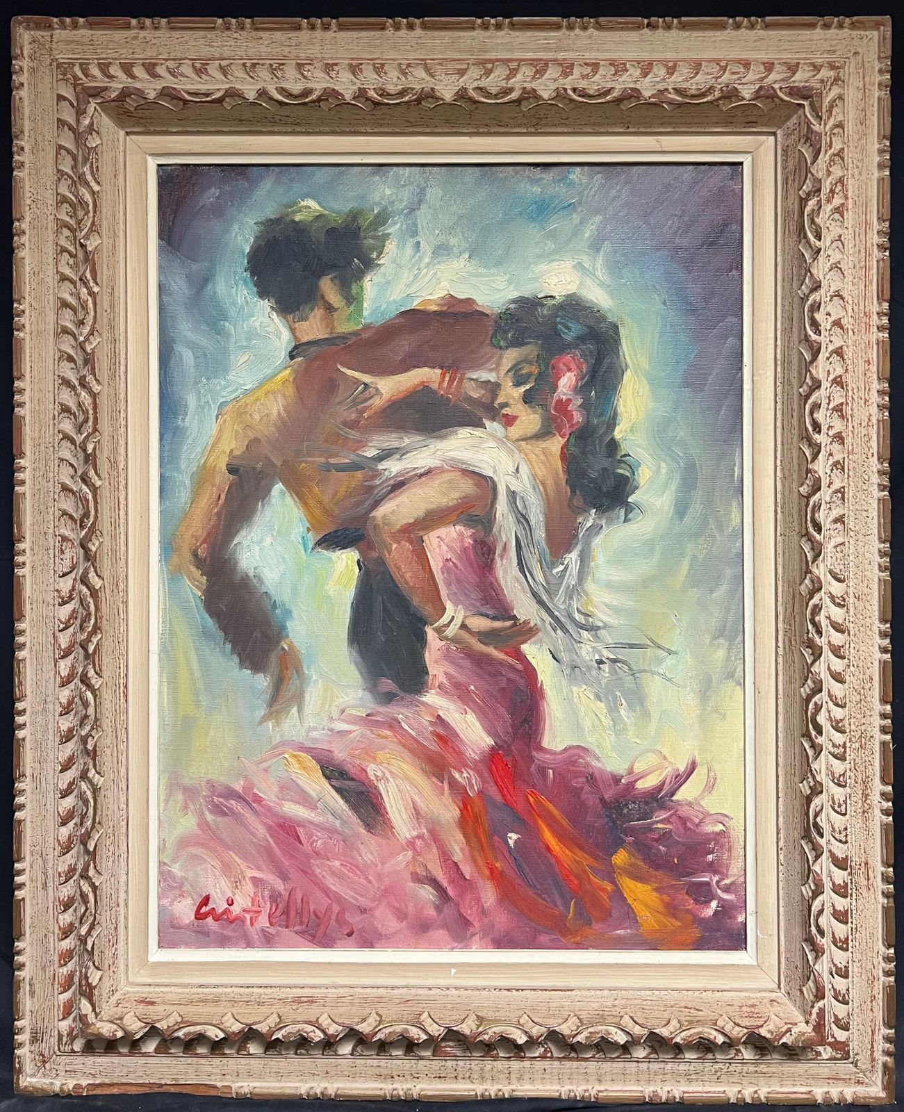 Spanish Mid 20th Centurymid Century Oil Painting In Ornate Frame Flamenco Dance Scene In Vibrant Colorsmid 20th Century