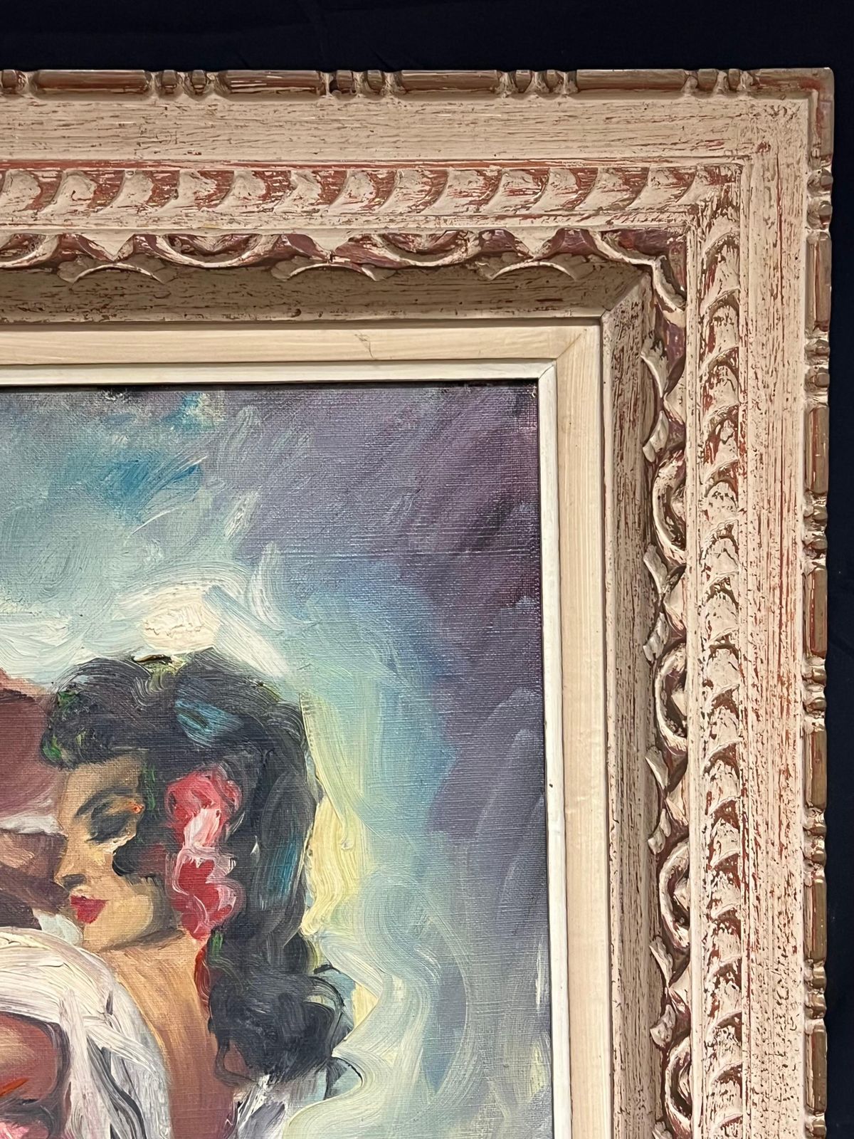 Art Spanish Mid 20th Centurymid Century Oil Painting In Ornate Frame Flamenco Dance Scene In Vibrant Colorsmid 20th Century photo
