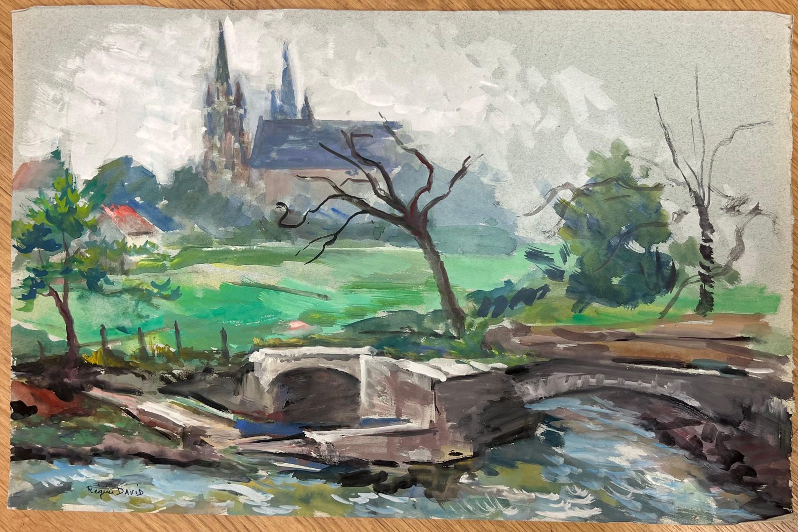 Regine Davidlandscape Of A French Countryside With Stone Bridge And Cathedral In Distance1950's photo furniture