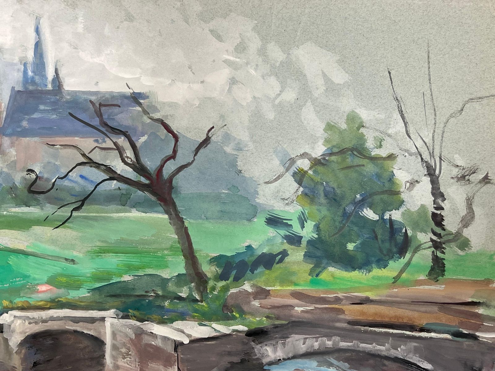 Regine Davidlandscape Of A French Countryside With Stone Bridge And Cathedral In Distance1950's photo Art