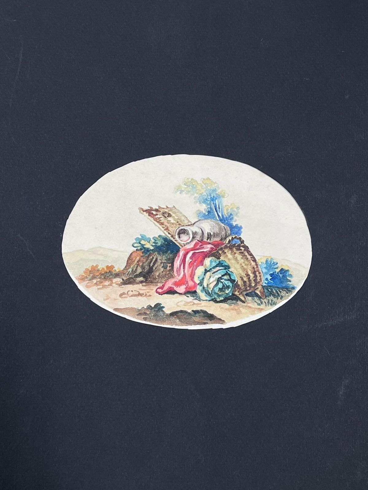French Schoolpair Of Delicate Oval Watercolor Illustrations Of Pastoral Still Life photo furniture