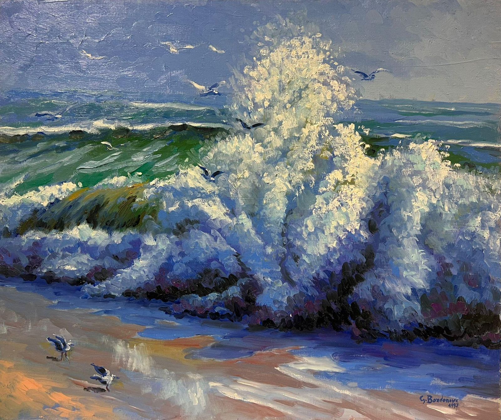 Georges Bordonovecoastal Scene With Crashing Waves Seagulls In Flight And Vibrant Ocean Colors1997