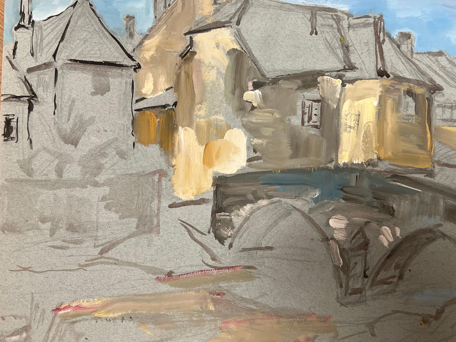 Regine Davidimpressionistic Depiction Of A Quaint French Village Scene With Stone Bridge1950's photo 382.0