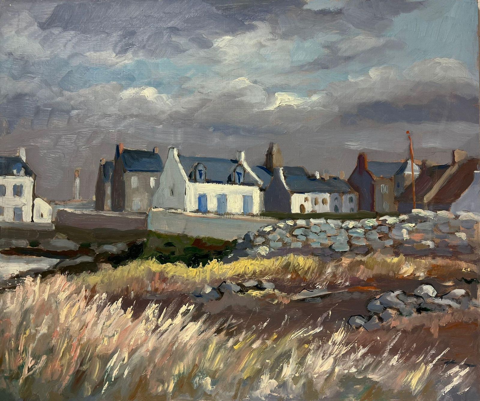 Georges Bordonovemoody Seaside Village French Landscape With Stormy Sky And Windswept Grasses1997