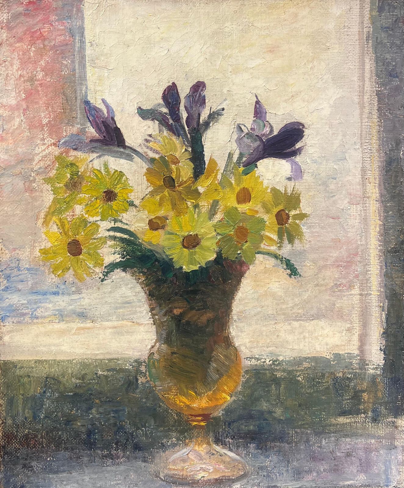 Simone Forge1930's French Oil Bright Still Life Yellow Daisies Purple Irises In A Glass Vase