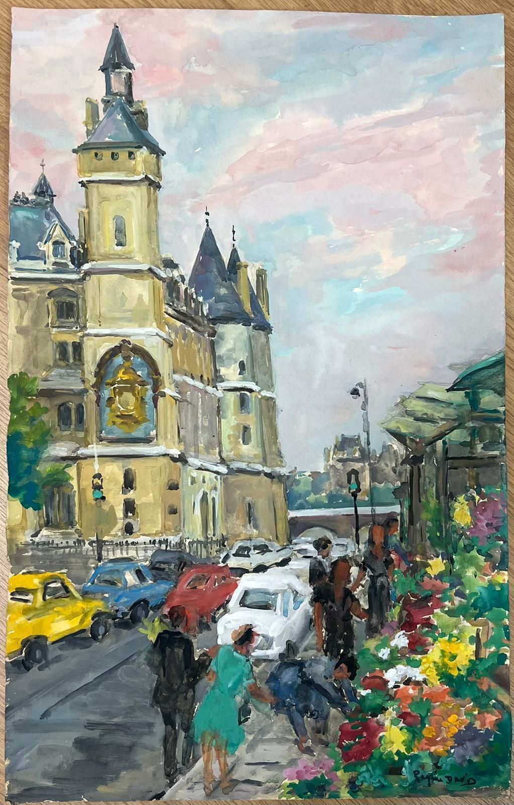 Regine Davidcharming Parisian Street Scene With Flower Market And Historic Architecture1950's photo 489.0
