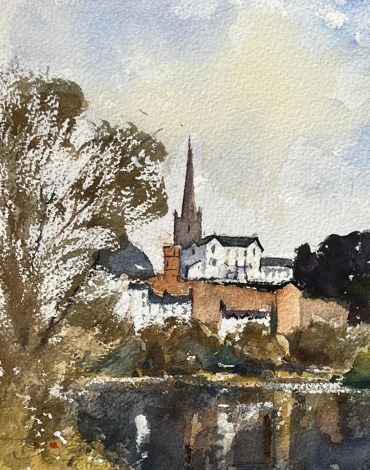 Anthony Averybritish Impressionist Watercolor Of Church Reflection By The Riverside photo for sale