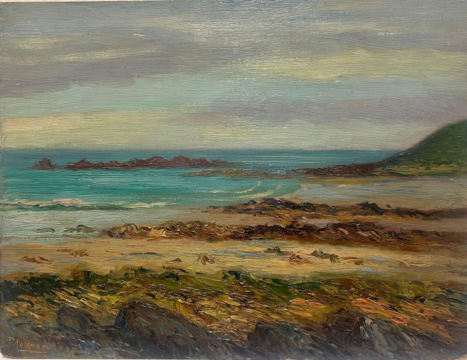 Paul Molinard1900's French Impressionist Oil Painting Blue Coastline Rocky Shores20th Century