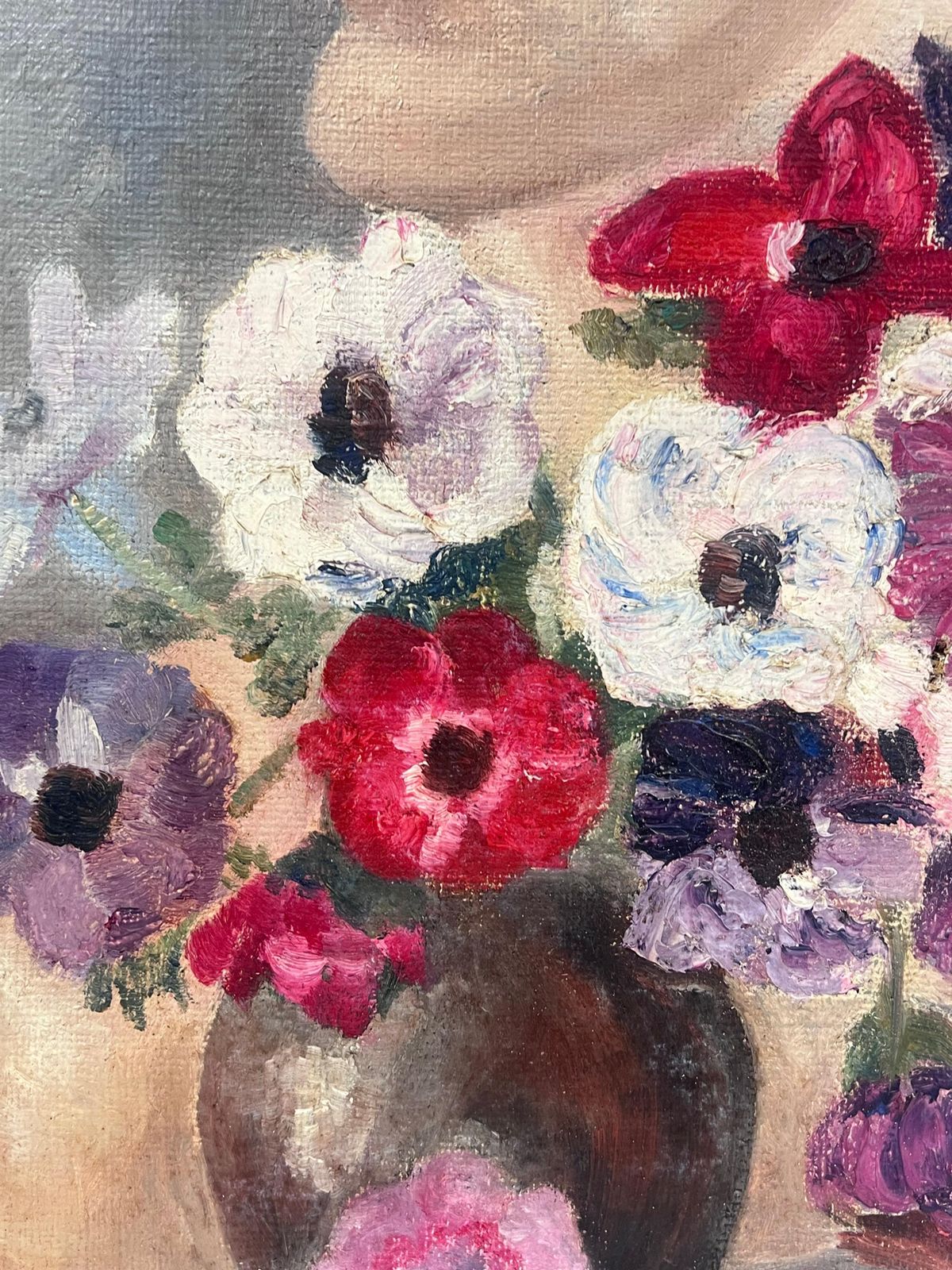 Simone Forgestill Life With Bust Sculpture Vibrant Anemone Flowers And Folded Book19th Century photo Art