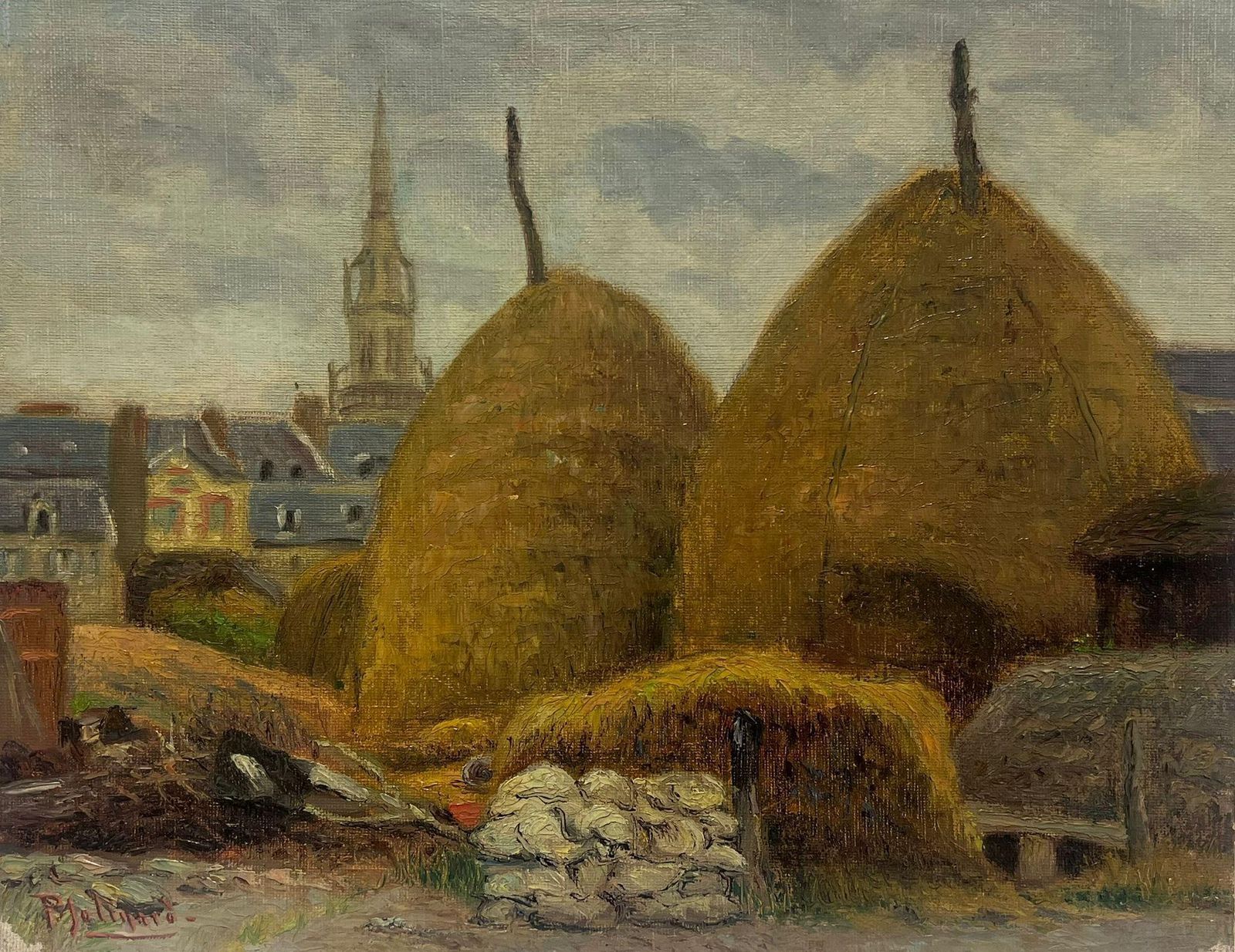 Paul Molinardhaystacks In A French Village Antique French Impressionist Oil Painting1900's