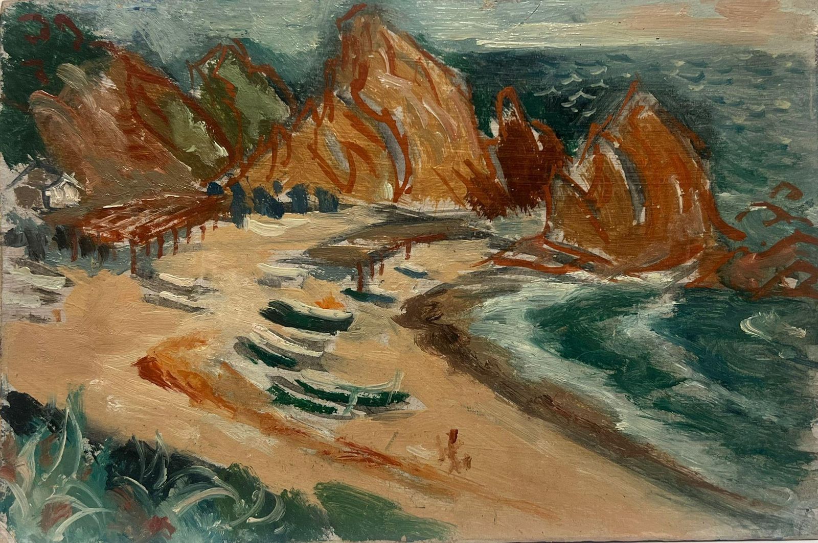 Simon Robertvintage French Post Impressionist Oil Painting Ibiza Rocky Coastline Beach 1954mid 20th Century