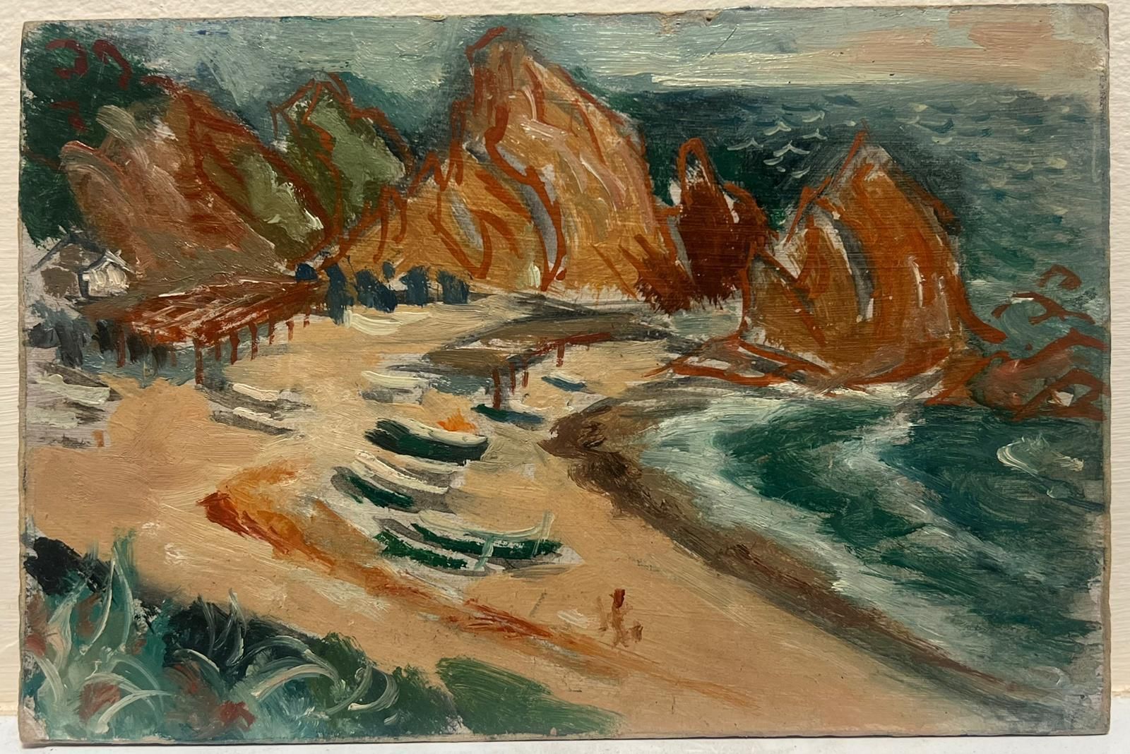 Simon Robertvintage French Post Impressionist Oil Painting Ibiza Rocky Coastline Beach 1954mid 20th Century photo furniture
