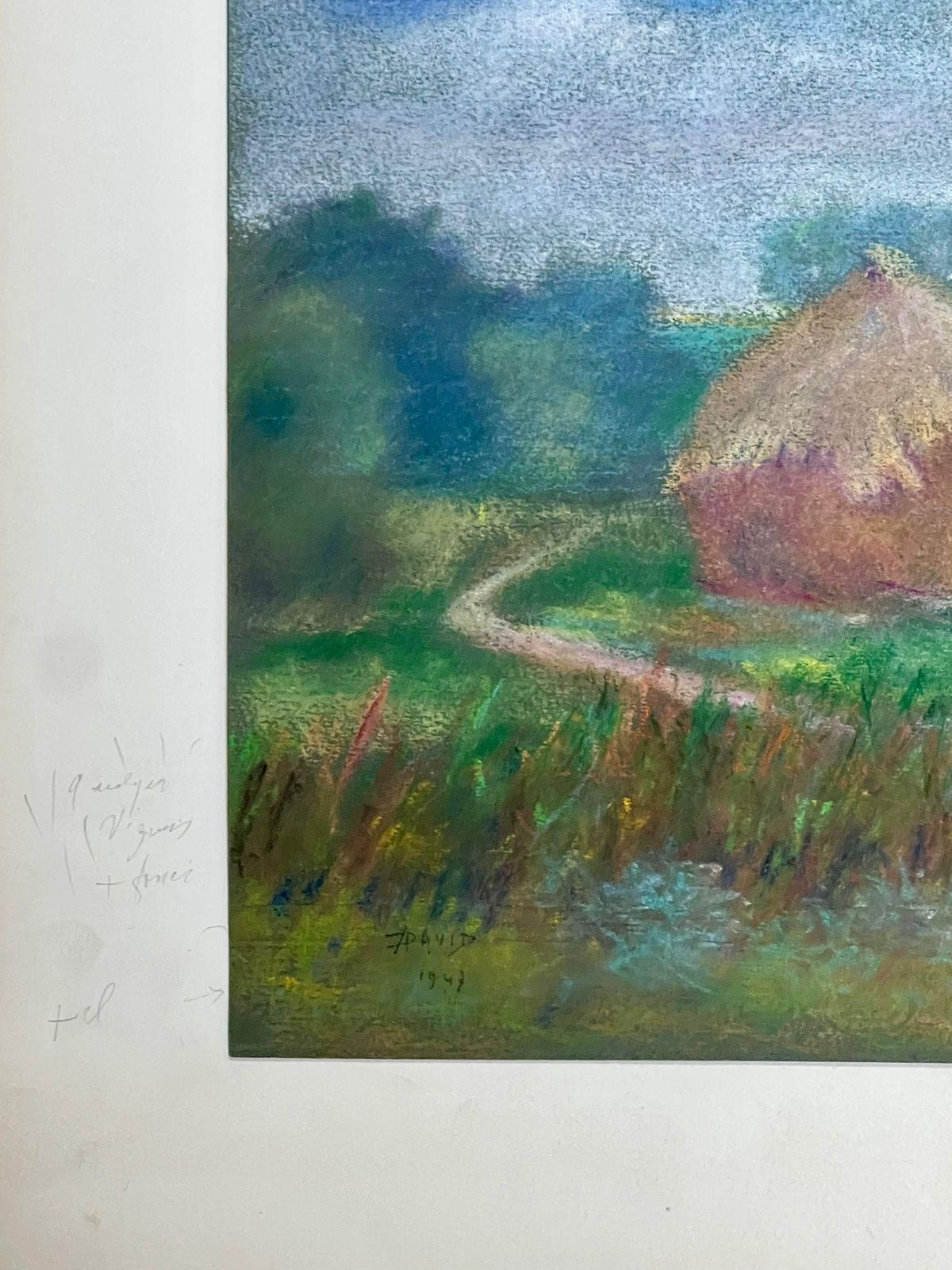 Regine Davidpastoral Landscape With Haystack And Winding Path Tranquil Pastel Painting1947 photo for sale