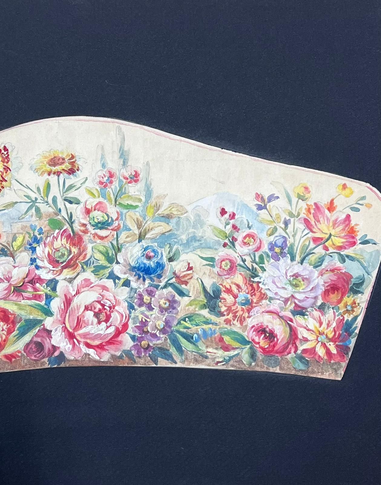 French Schoolexquisite Floral Arrangement With Lush Blooms In A Fan Shaped Composition photo for sale