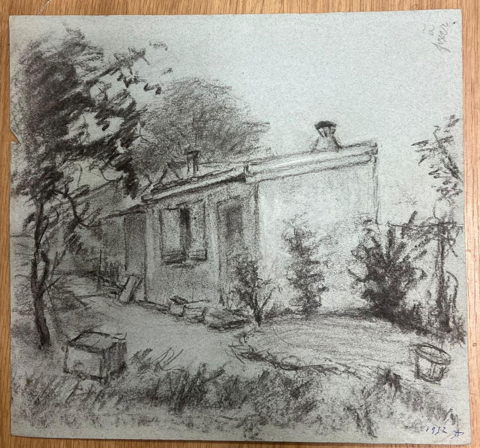 Regine Davidvintage Charcoal Drawing Of A Quaint Cottage Surrounded By Trees Landscape1954 photo furniture