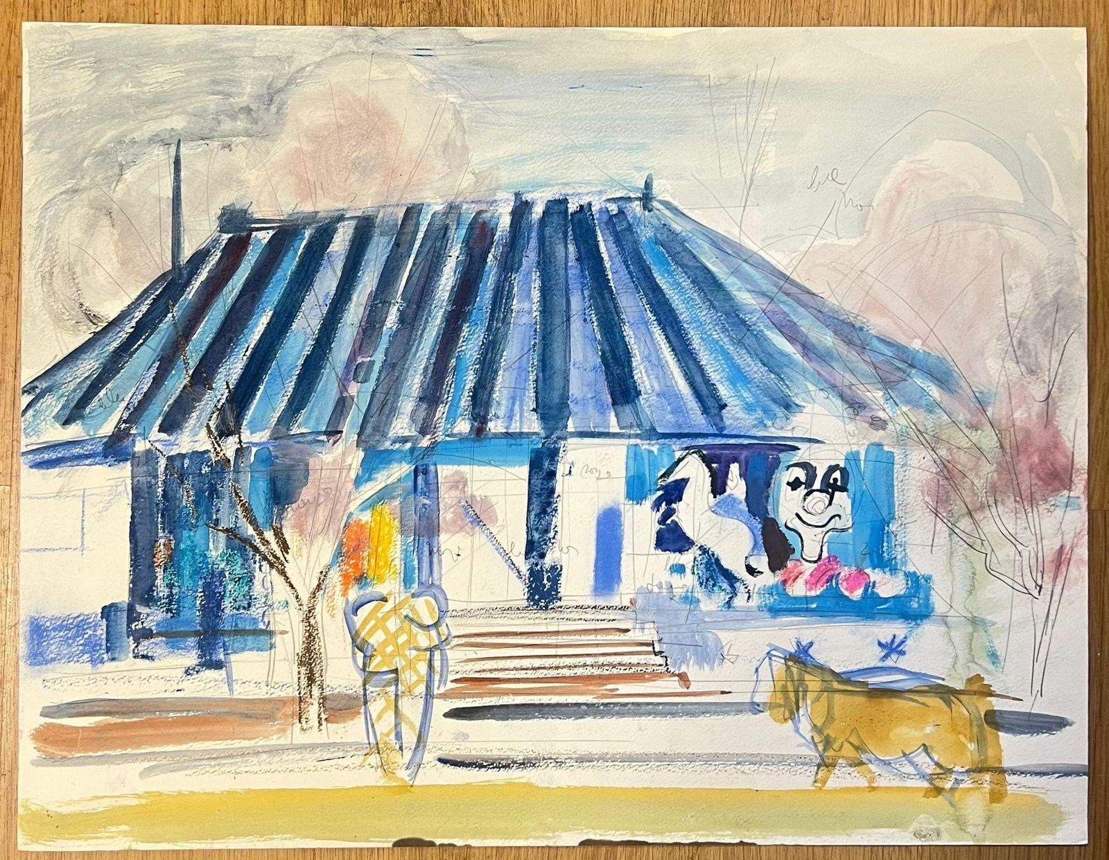 édouard Righetti (1924 2001)ice Cream Shop With Animal Figures And Blue Roof Abstract Watercolour Painting1950's photo furniture